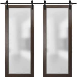2102 48 in. x 80 in. 1-Panel 1 Lite Frosted Glass Brown Finished Solid Pine Wood Sliding Barn Door with Hardware Kit