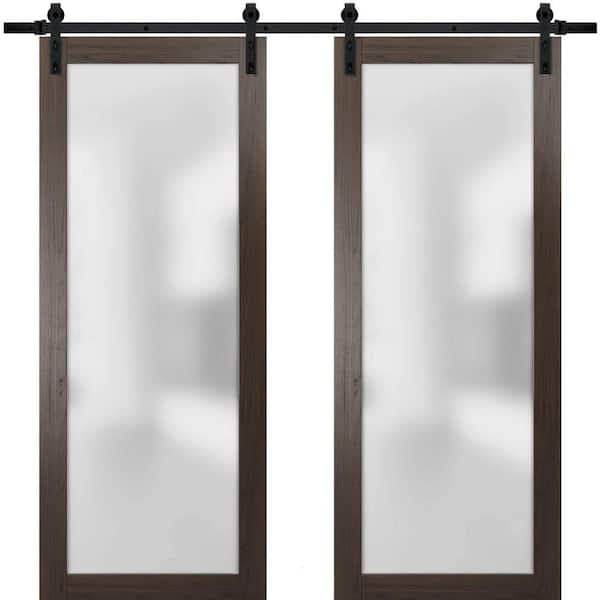 Sartodoors 2102 48 in. x 80 in. 1-Panel 1 Lite Frosted Glass Brown Finished Solid Pine Wood Sliding Barn Door with Hardware Kit