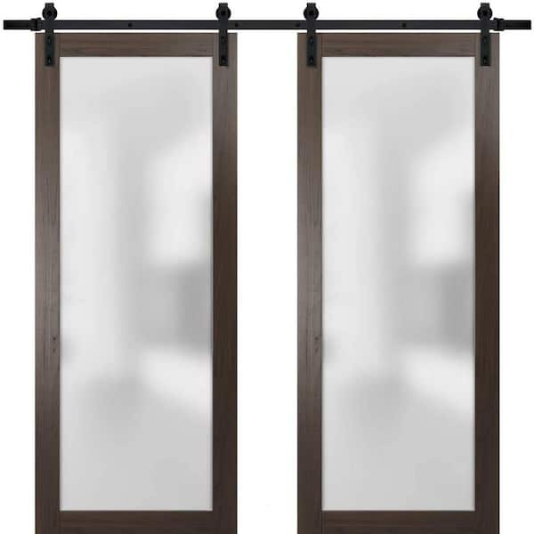 Sartodoors 2102 64 in. x 80 in. 1-Panel 1 Lite Frosted Glass Brown Finished Solid Pine Wood Sliding Barn Door with Hardware Kit