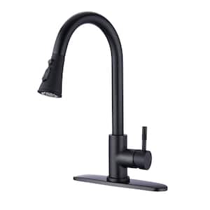 Black Single-Handle Pull-Down Sprayer Kitchen Faucet with Deck Plate in Stainless Steel.
