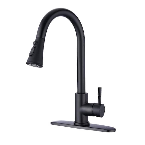 Boyel Living Black Single-Handle Pull-Down Sprayer Kitchen Faucet with Deck Plate in Stainless Steel.