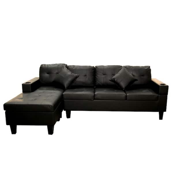 Z-joyee 98.25 in. Square Arm 2-Piece L-Shaped Faux Leather Modern Sectional Sofa in Black with Chaise Lounge