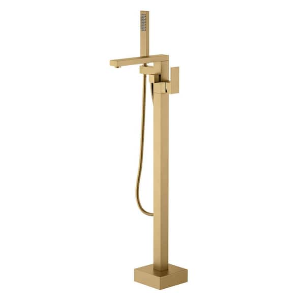 1 Handle 1-Spray Tub and Shower Faucet 5.5 GPM with Hand Shower Floor Mount in Brushed Brass Valve Not Included