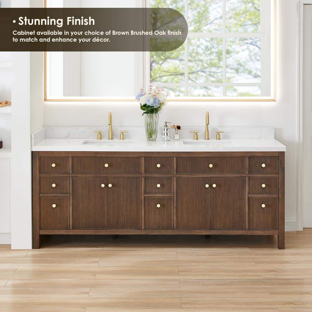 Cerrito 84" Brown Oak Double Vanity with White Stone Top