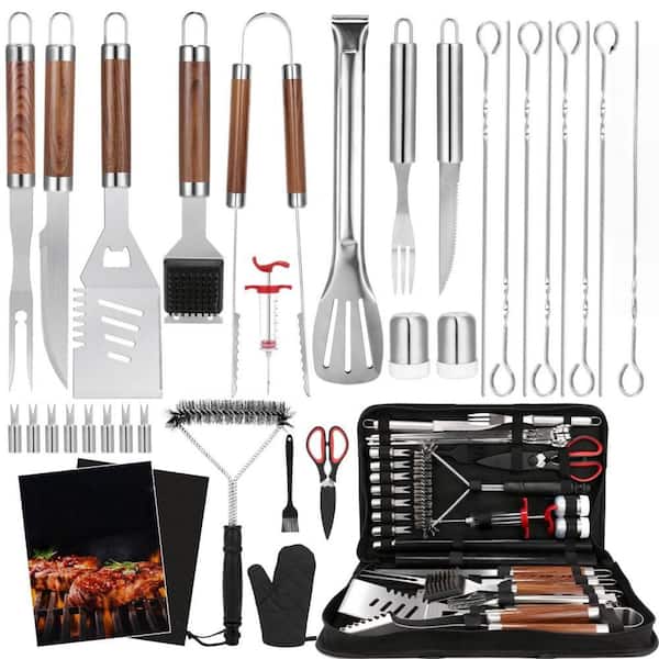 34-Piece Heavy Duty Stainless Steel Grill Tools with Mats and Glove in Carrying Bag for Outdoor Camping, Brown