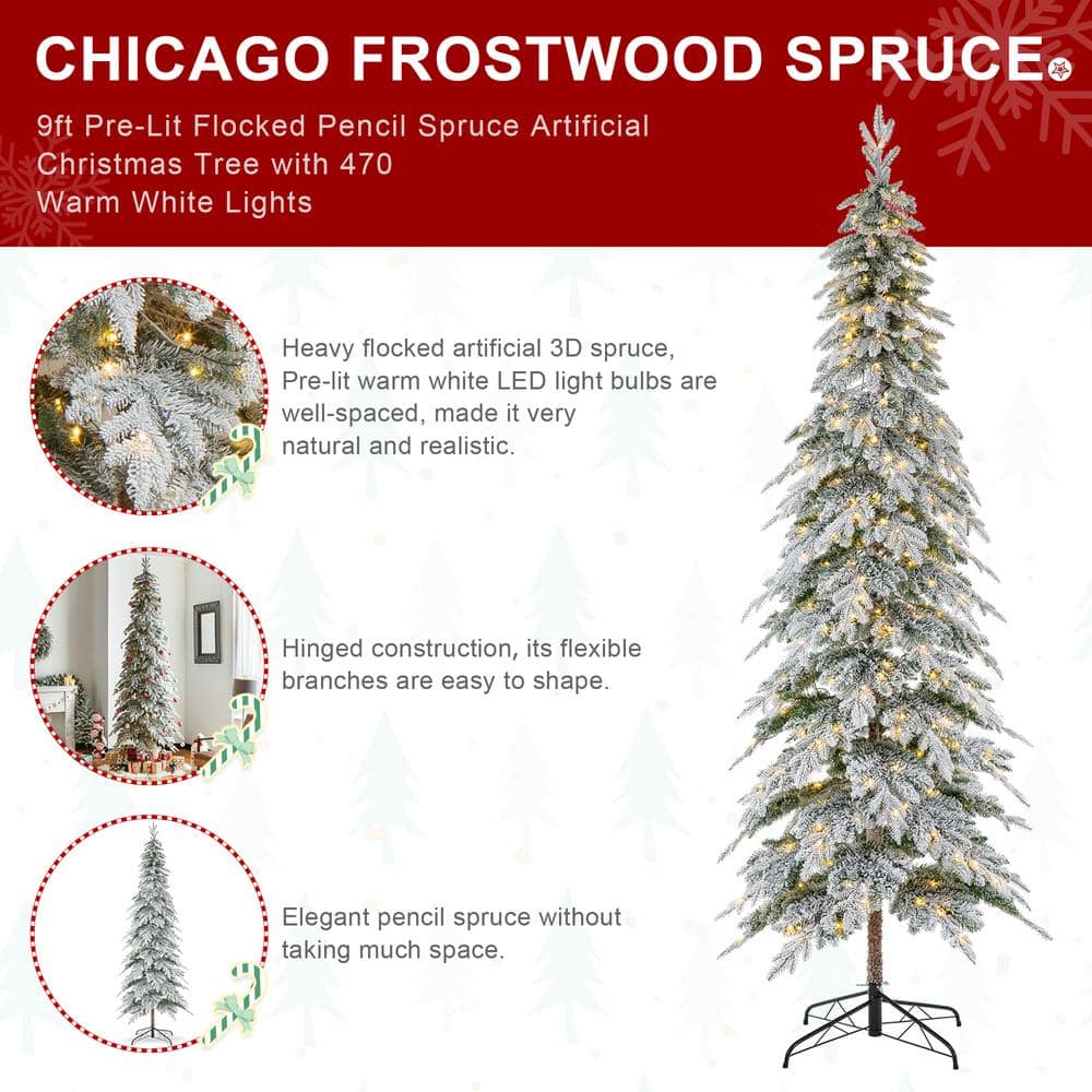 9ft Narrow Flocked Spruce Christmas Tree with Warm White Lights
