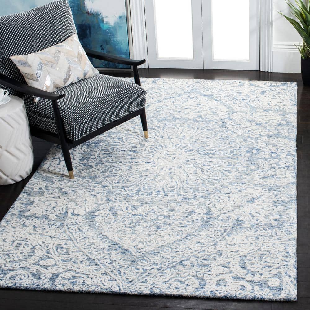 Handmade Blue Floral Wool 4' x 6' Area Rug