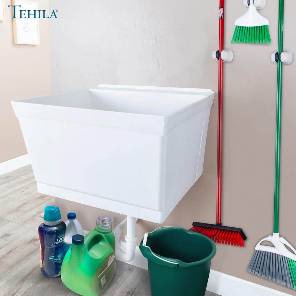 White Wall-Mounted Utility Laundry Sink with Drain Kit
