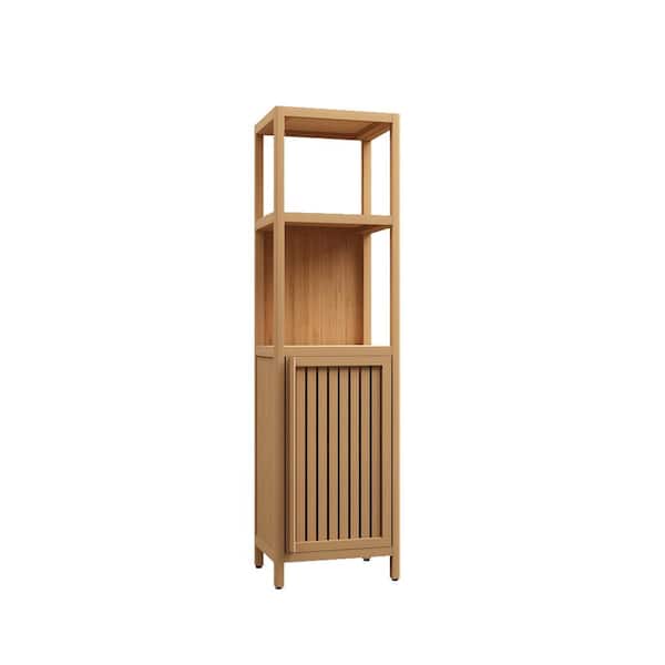 FUNKOL 14 in. W x 13 in. D x 52 in. H in Natural Bamboo Ready to Assemble Floor Bathroom Storage Cabinet with 2 Open Shelves