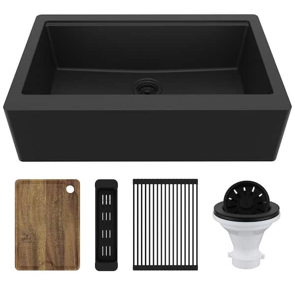 34 in. Farmhouse Single Bowl Quartz Workstation Kitchen Sink in Black