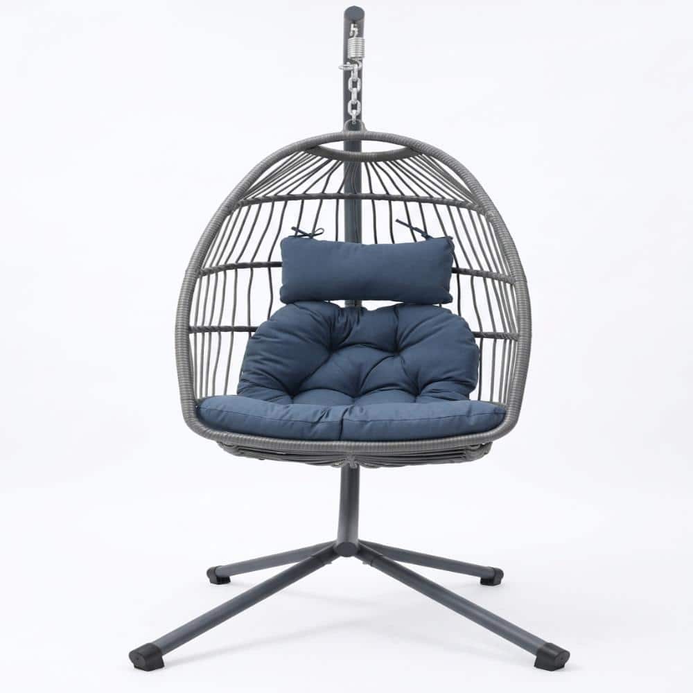 Black  Outdoor Wicker Hanging Swing Chair with Blue Cushion for Balcony price history on PriceWatchPro