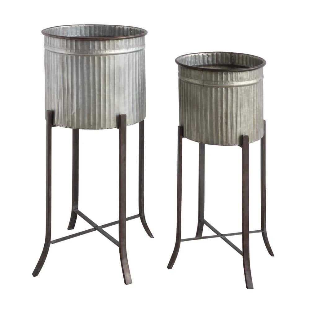Silver and Black Corrugated Metal Round Planters with Stands, Set of 2