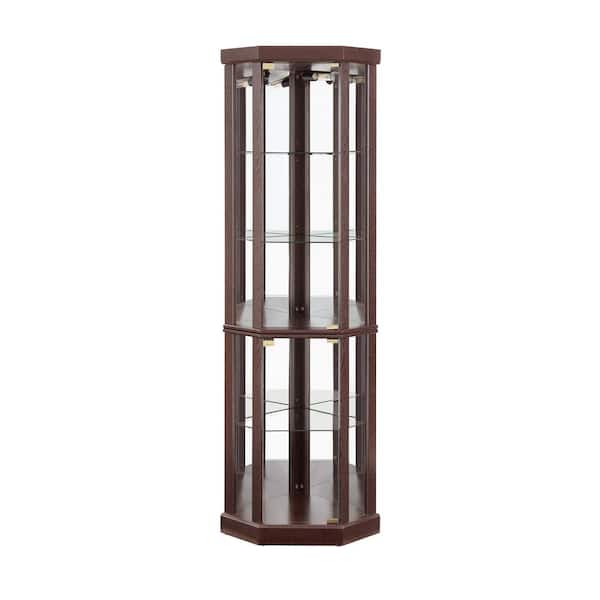 69.85 in. H Cherry Corner Curio Cabinet, Glass Display Cabinet, Bar Glass Storage with LED Lights and Adjustable Shelves