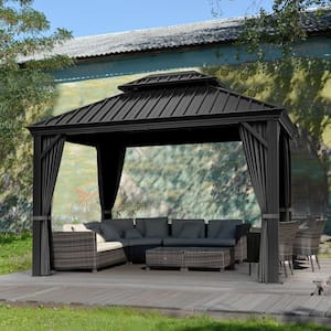 12 ft. W x 10 ft. D Double Roof Hardtop Aluminum Patio Gazebo with Netting and Gray Curtains