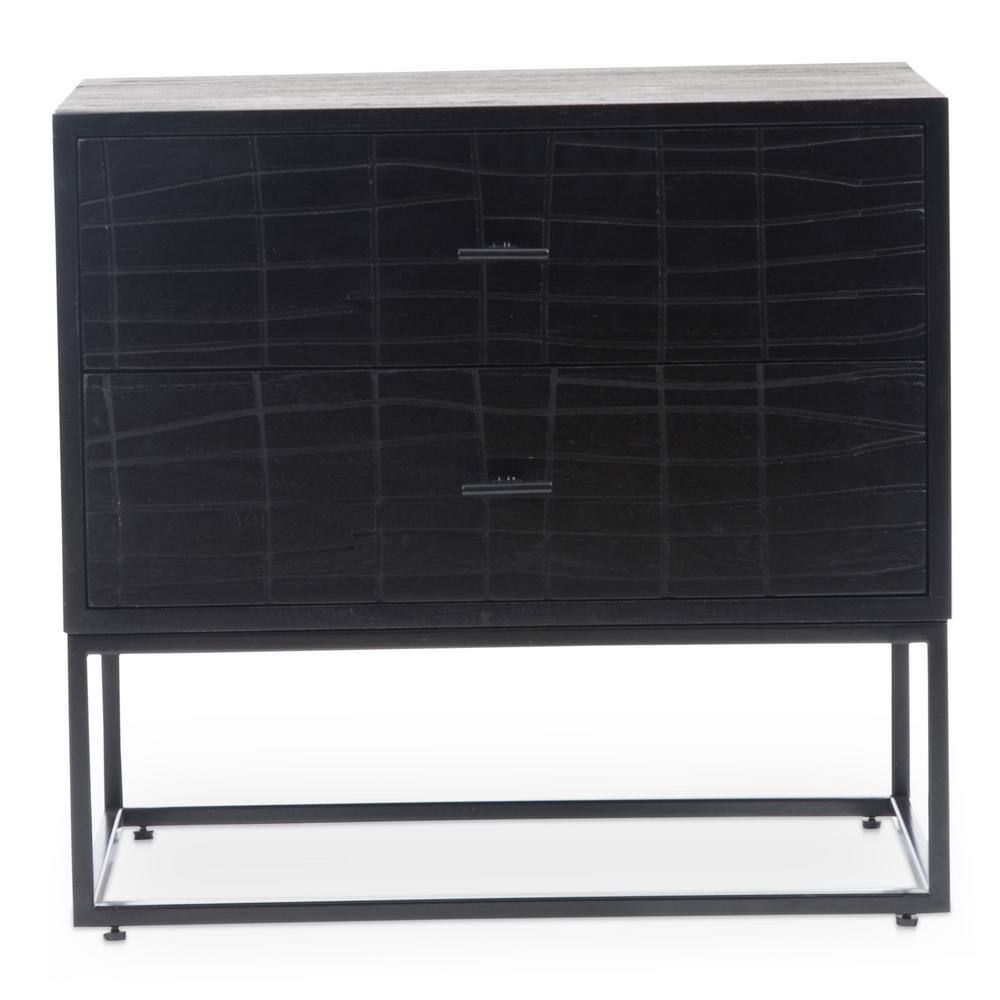 Black 2-drawer nightstand with textured drawer fronts and iron legs.