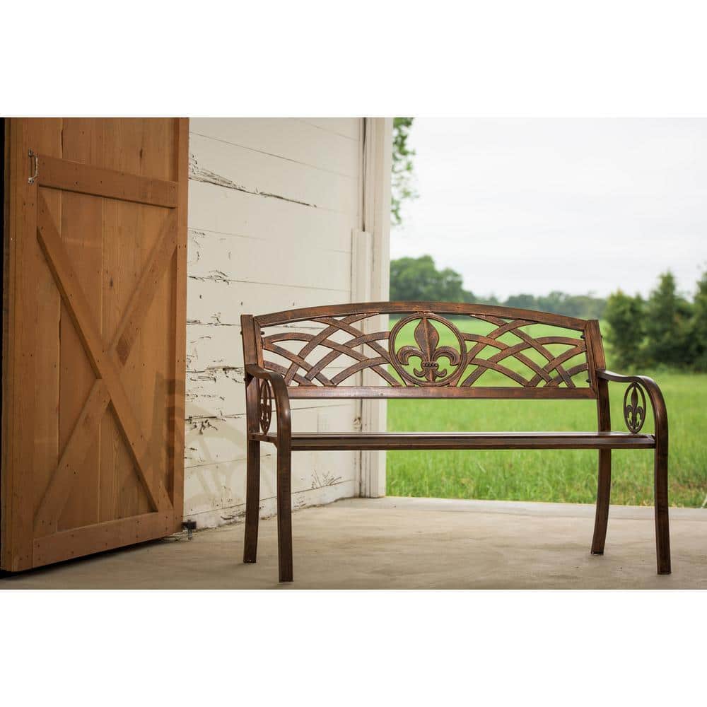 Leigh Country Black Metal Outdoor Bench with Welcome Design