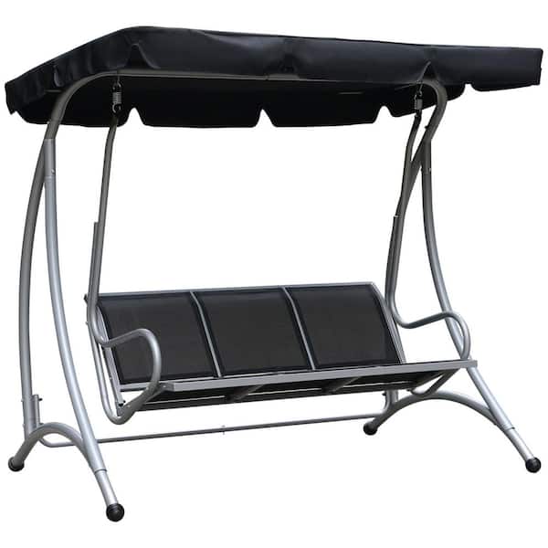 Huluwat 45.7 in. 3-Person Gray Metal Frame Patio Swing with Stand, Black Adjustable Canopy