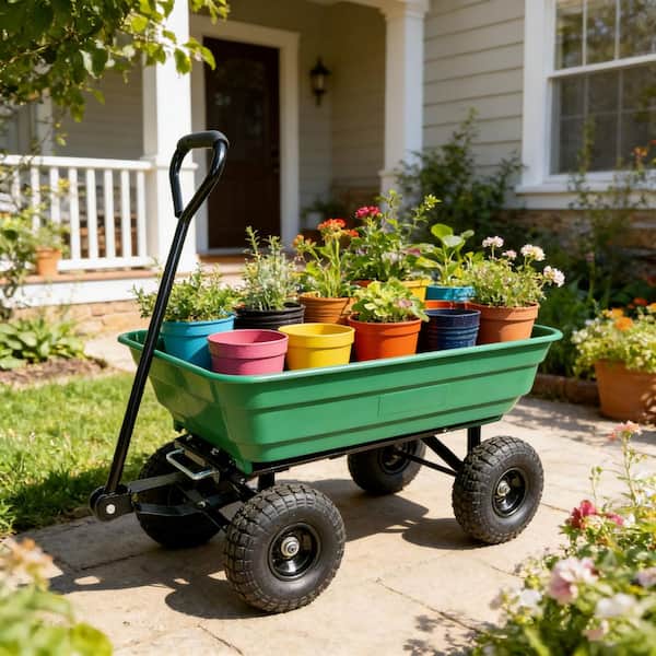 2.6 cu. ft. Green Plastic Garden Cart with Steel Frame and Pneumatic Tire