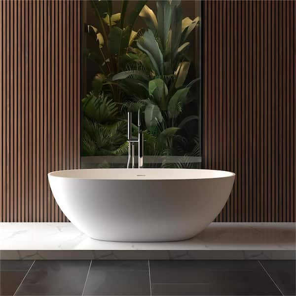 UPIKER 65 in. Stone Resin Oval Flatbottom Non-Whirlpool Freestanding Bathtub Soaking Tub in Matte White