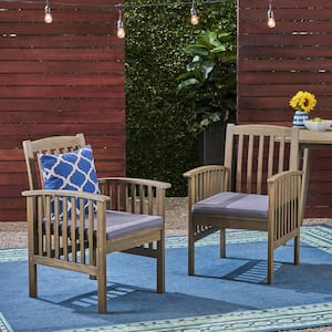 Set of 2 Wood Outdoor Dining Chair with Gray Cushion