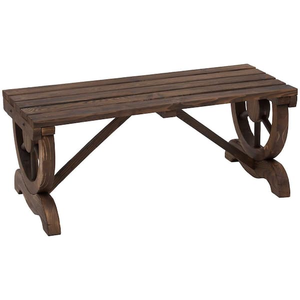 Sudzendf 2-Person Brown Wood Outdoor Garden Bench Ottoman, Wagon Wheel Porch Bench