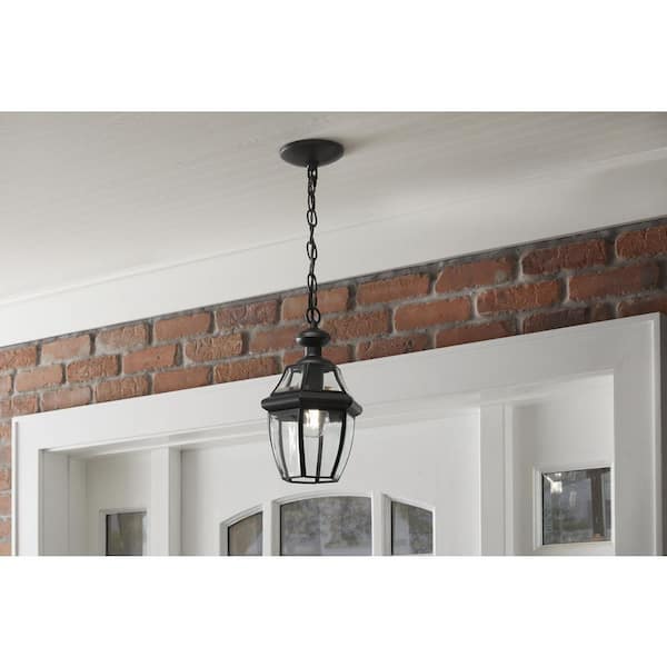 Highstone 1-Light Matte Black Hardwired Medium Outdoor Coach Hanging Pendant Light with Clear Glass