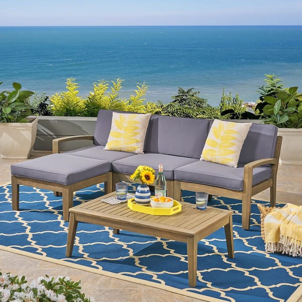 Unbranded 5 Piece Teak Outdoor Patio Grenada L Shaped Sectional Sofa with Acacia Coffee Table, Grey Cushions for Garden, Backyard