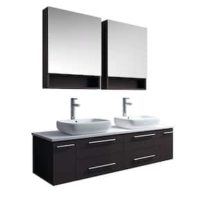 Lucera 60 in. W Wall Hung Vanity in Espresso with Quartz Stone Vanity Top in White with White Basins, Medicine Cabinet