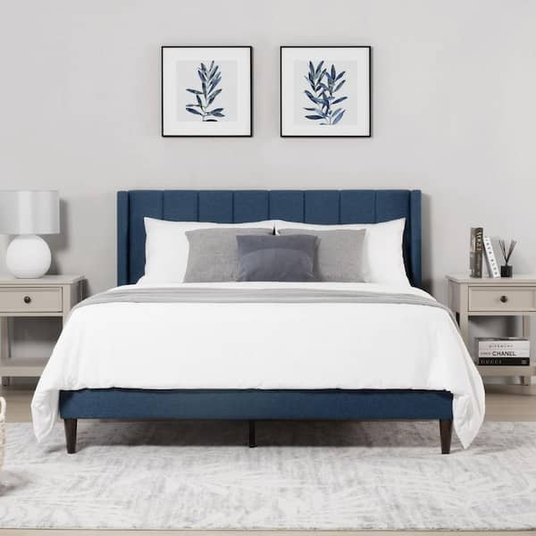 Jasper Blue Wood and Metal Frame Upholstered Full Wingback Platform Bed with Channel-Tufted Headboard