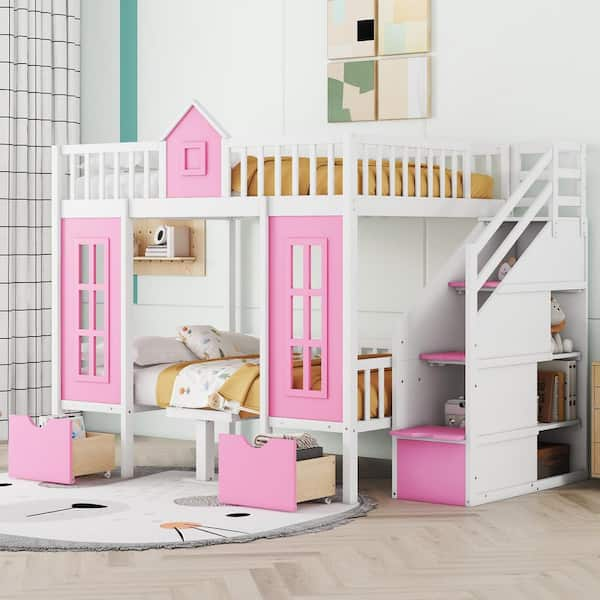 Polibi Pink Full-Over-Full Bunk Bed with Changeable Table, Bunk Bed ...