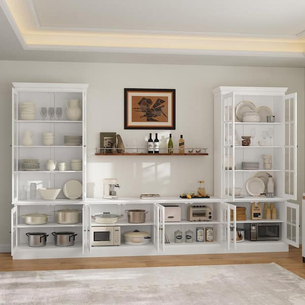 White Wood 125.2 in. Buffet Pantry Cabinet with Glass Doors, Adjustable Shelves and Multi-Functional Storage for Kitchen