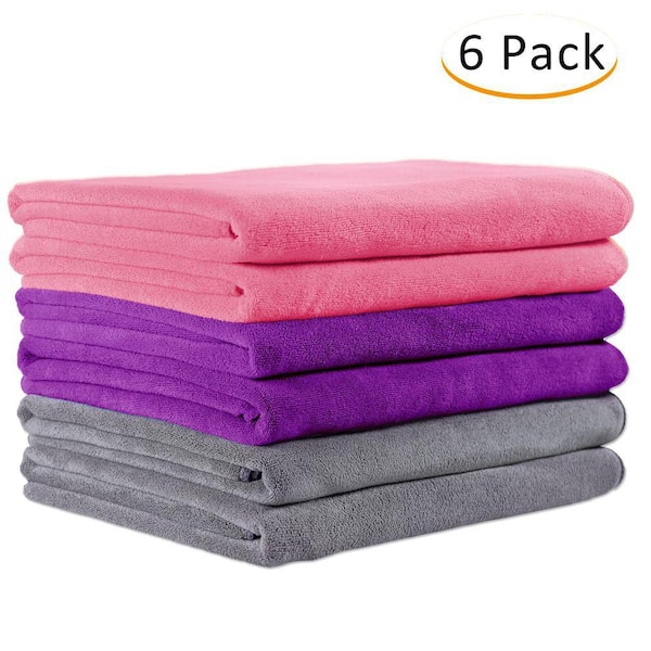 6 Pack Pink/Purple/Grey Microfiber Bath Towel, Extra Absorbent, Fast Drying Bath Towel Sets