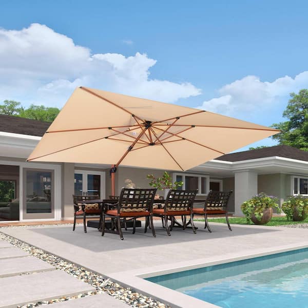 10 ft. x 13 ft. High-Quality Wood Pattern Aluminum Cantilever Patio Umbrella with Stand, Beige