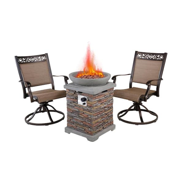 Mondawe Ivan Dark Gold 3-Piece Cast Aluminum Patio Conversation Seating Set with Patio Fire Pit in Brown Stone Exterior