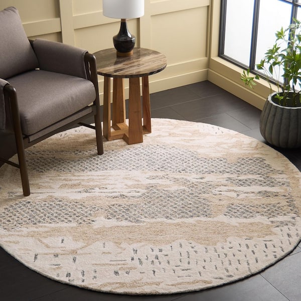 Harvest 6 ft. x 6 ft. Beige/Gray Distressed Solid Color Round Area Rug