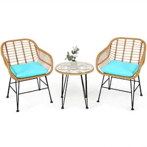 3-Piece Wicker Outdoor Patio Conversation Set Rattan Bistro Set with Turquoise Cushions and Table
