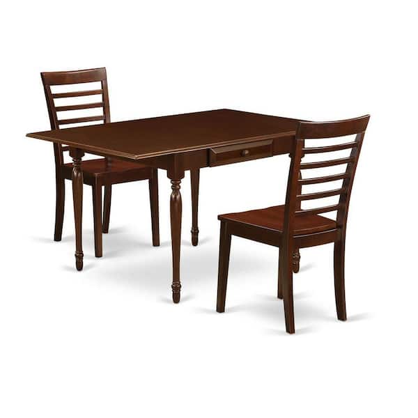 East West Furniture 3-Piece Mahogany Finish Solid Wood Top with Dropleaf Dining Table Set