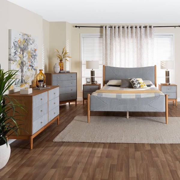 Taylin 5-Piece Grey Corduroy and Oak Brown Wood Queen Bedroom Set