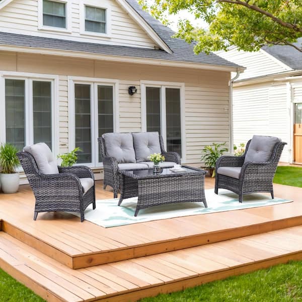 Gymojoy Carolina 4-Piece Wicker Patio Conversation Set with Gray Cushions