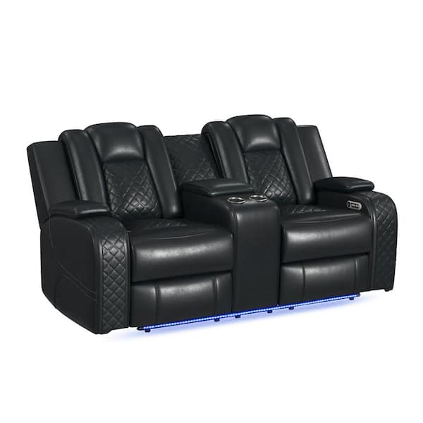 Amias 75 in. Black Solid Polyester Power Motion Loveseat with Power Headrest, Console and LED