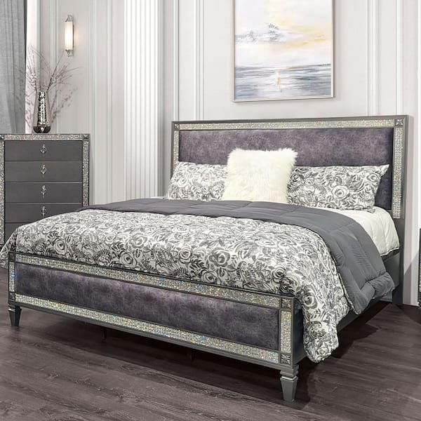 Furniture of America Augenst Gray Wood Frame Full Panel Bed with Upholstered Headboard