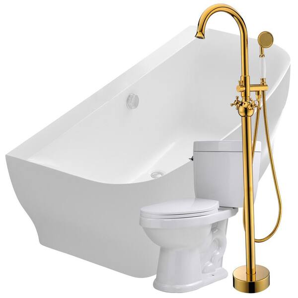 ANZZI Bank 64.9 in. Acrylic Flatbottom Non-Whirlpool Bathtub in White with Bridal Faucet and Talos 1.6 GPF Toilet