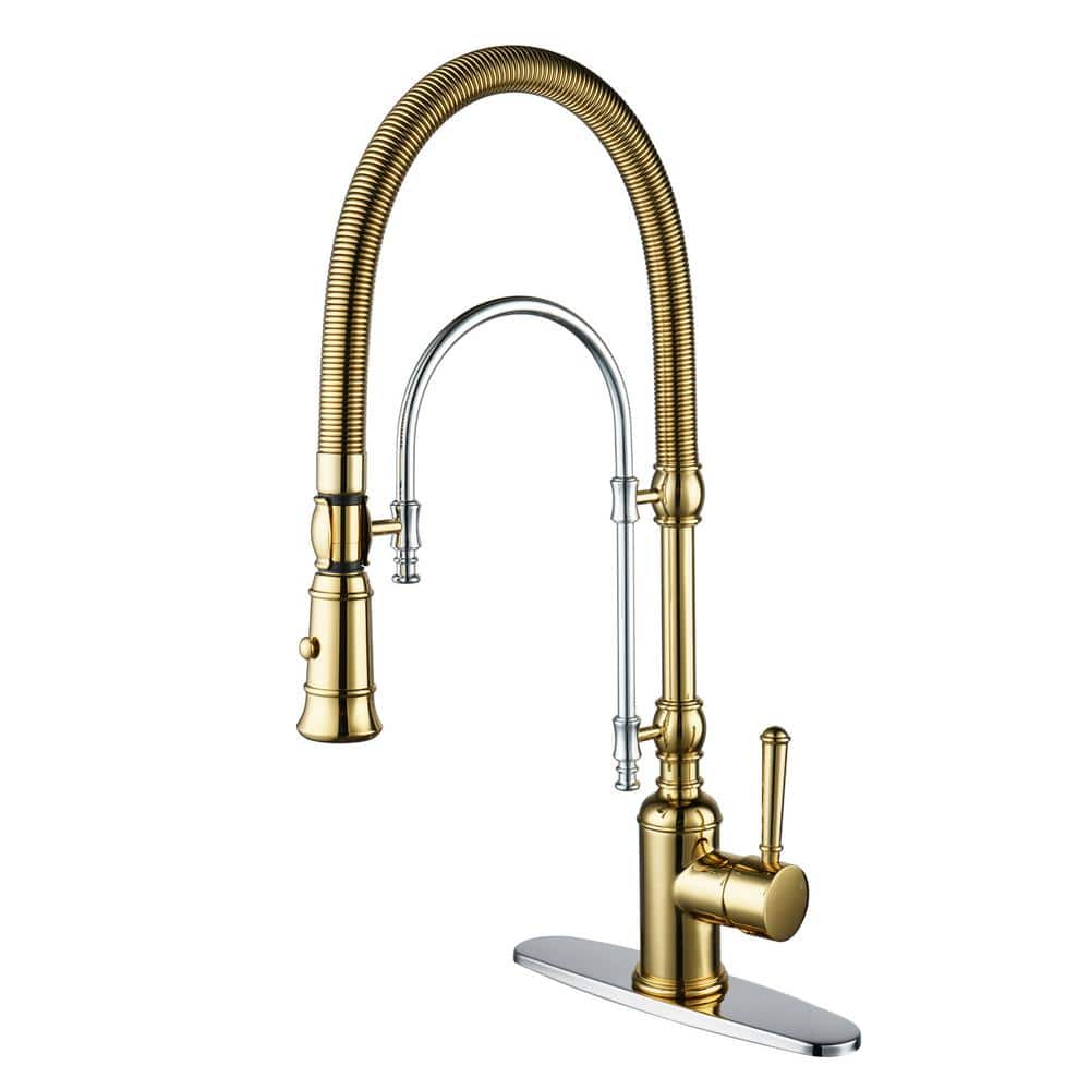 Gold and Chrome High-Arc Kitchen Faucet with Pull-Out Spray