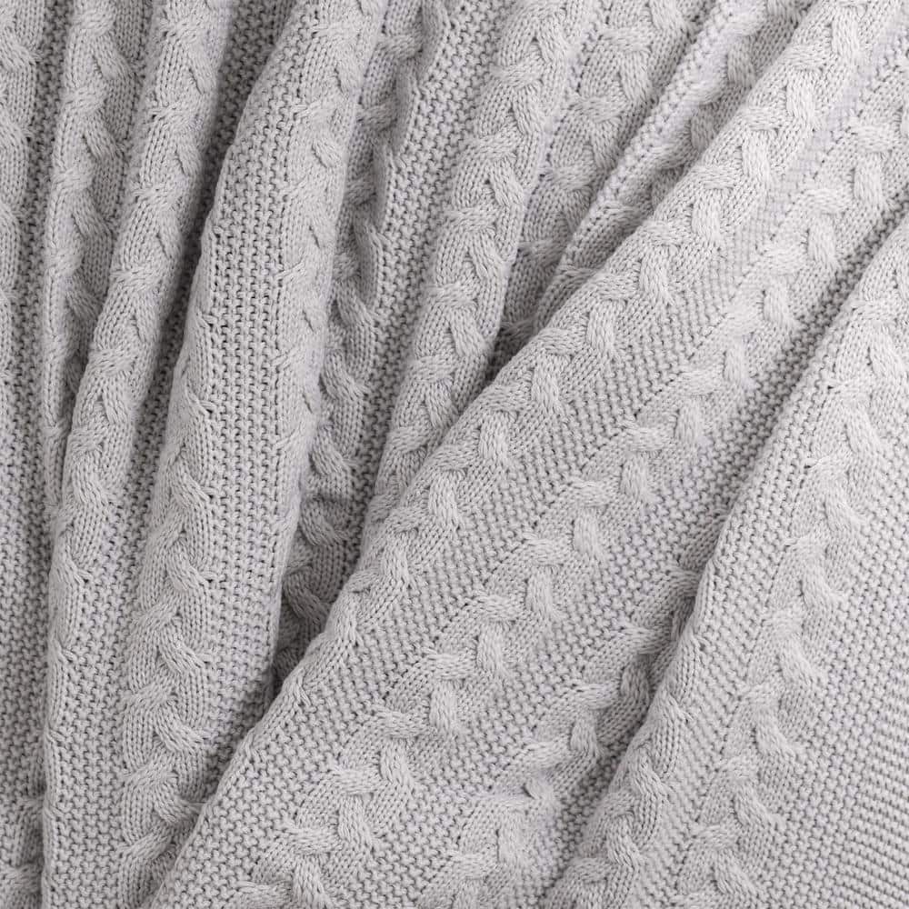 Light Gray Cable Knit Acrylic Throw Blanket