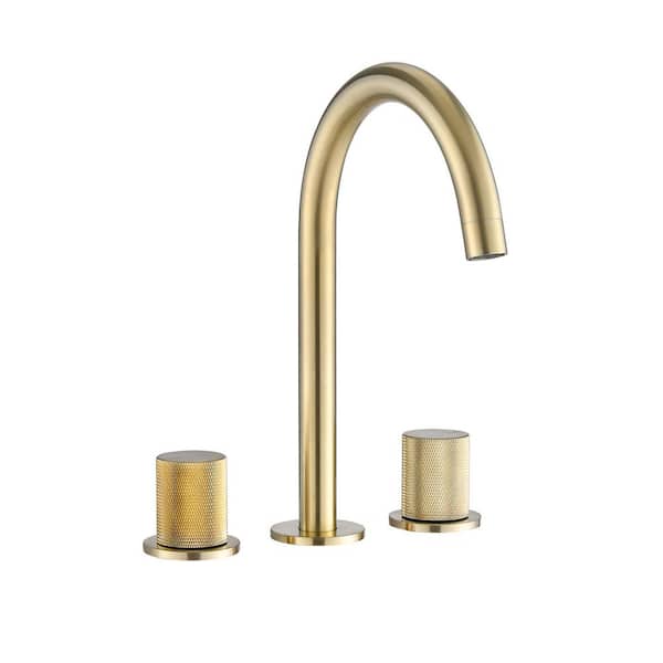 UPIKER Modern 8 in. Widespread Double Handle 360° Swivel Spout Bathroom Faucet with Drain Kit Included in Brushed Gold