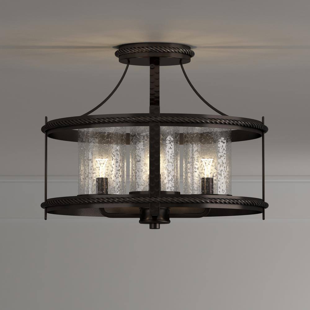 Palencia Artisan Black 16" Glass Semi-Flush Mount with Seedy Shade