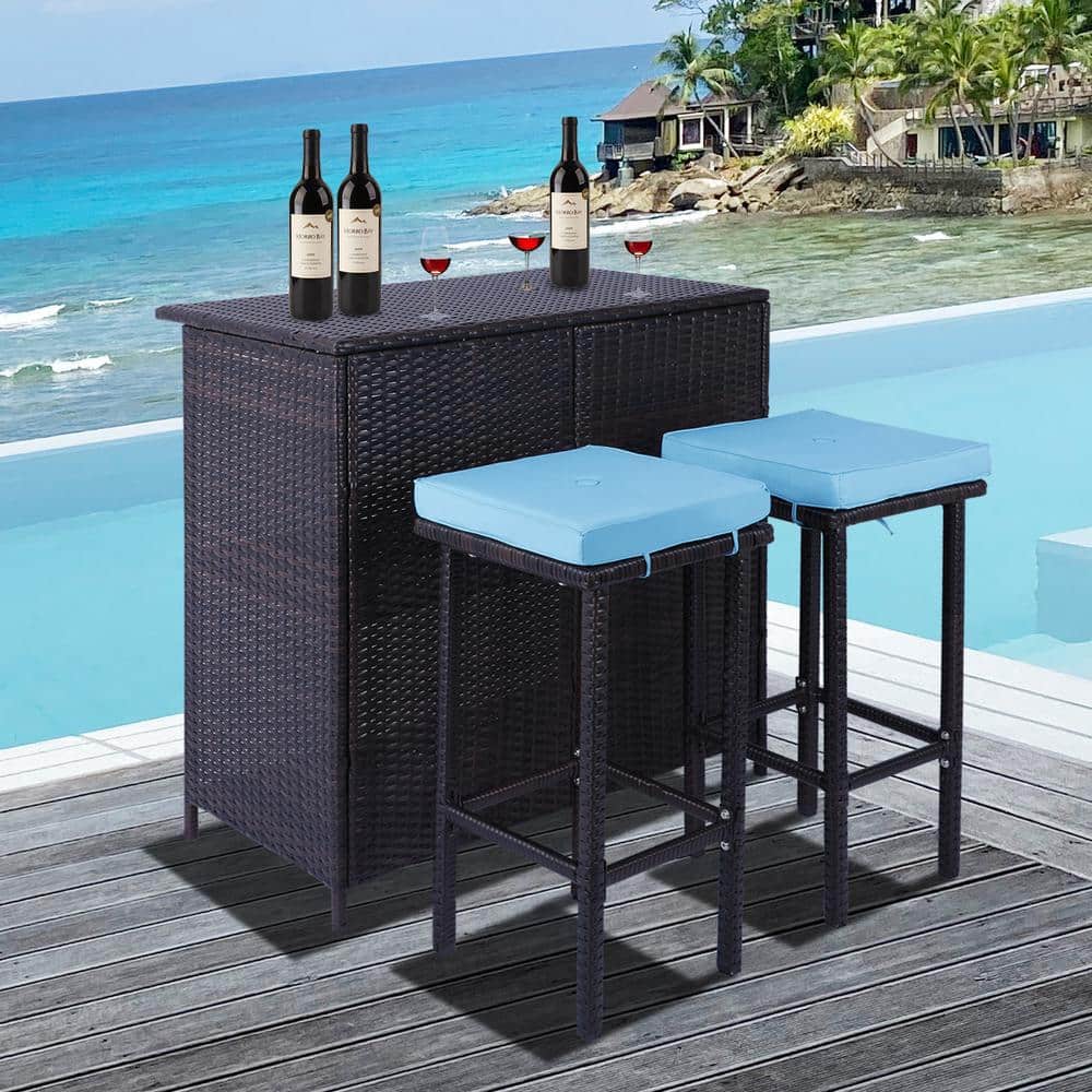3-Piece Brown Rattan Wicker Outdoor Bar, Patio Conversation Set with Remova