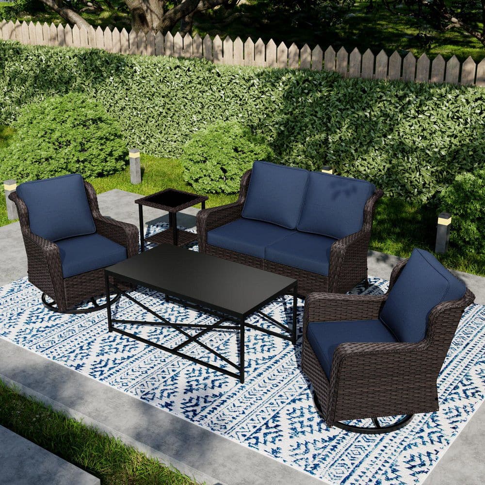 5-Piece Swivel Gliders Wicker Patio Conversation Set with 4 in. Blue Cushions and Coffee Table price history on PriceWatchPro