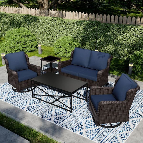 5-Piece Swivel Gliders Wicker Patio Conversation Set with 4 in. Blue Cushions and Coffee Table