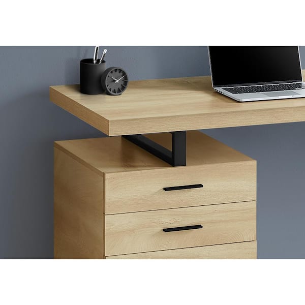 Small natural wood desk opening to two drawers in belt, …